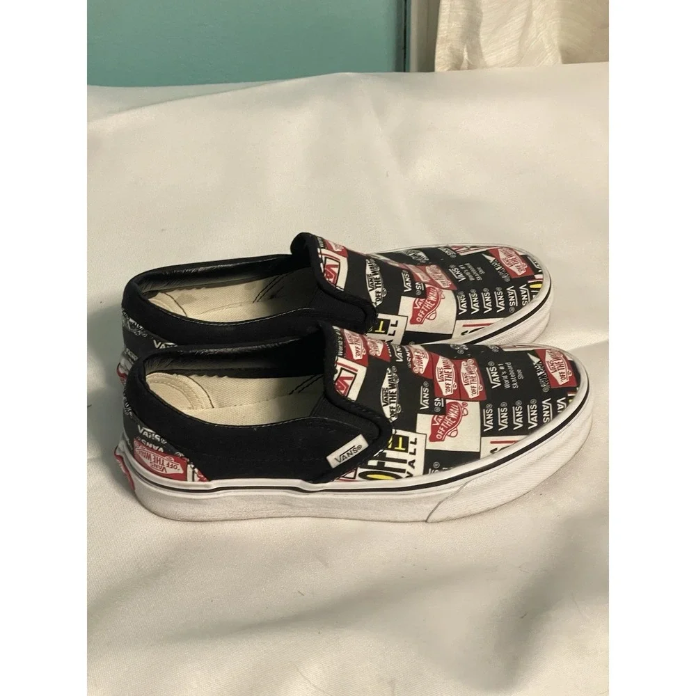 VANS CLASSIC SlipOn Canvas Shoes All Over Logo Print Mens Size 4.5 Womens 6 BinC